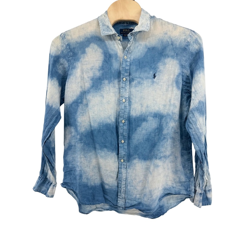 Polo Ralph Lauren Indigo Linen Button Down XXL Tie Dye Blue White Cloud Wash